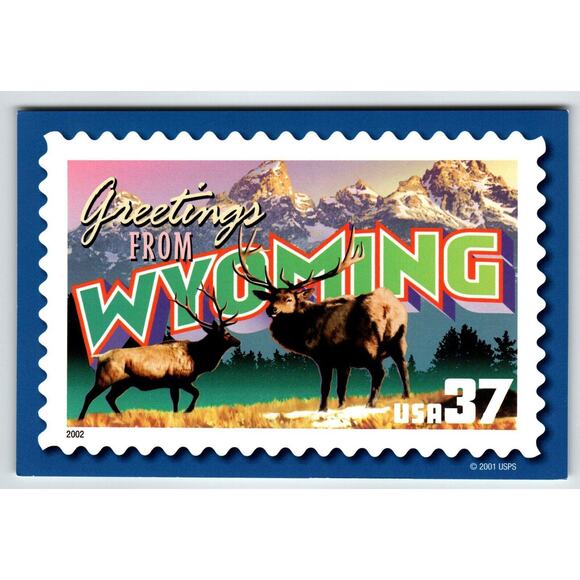 Greetings From Wyoming Large Letter Chrome Postcard USPS 2001 Deer Mountains - Picture 1 of 2